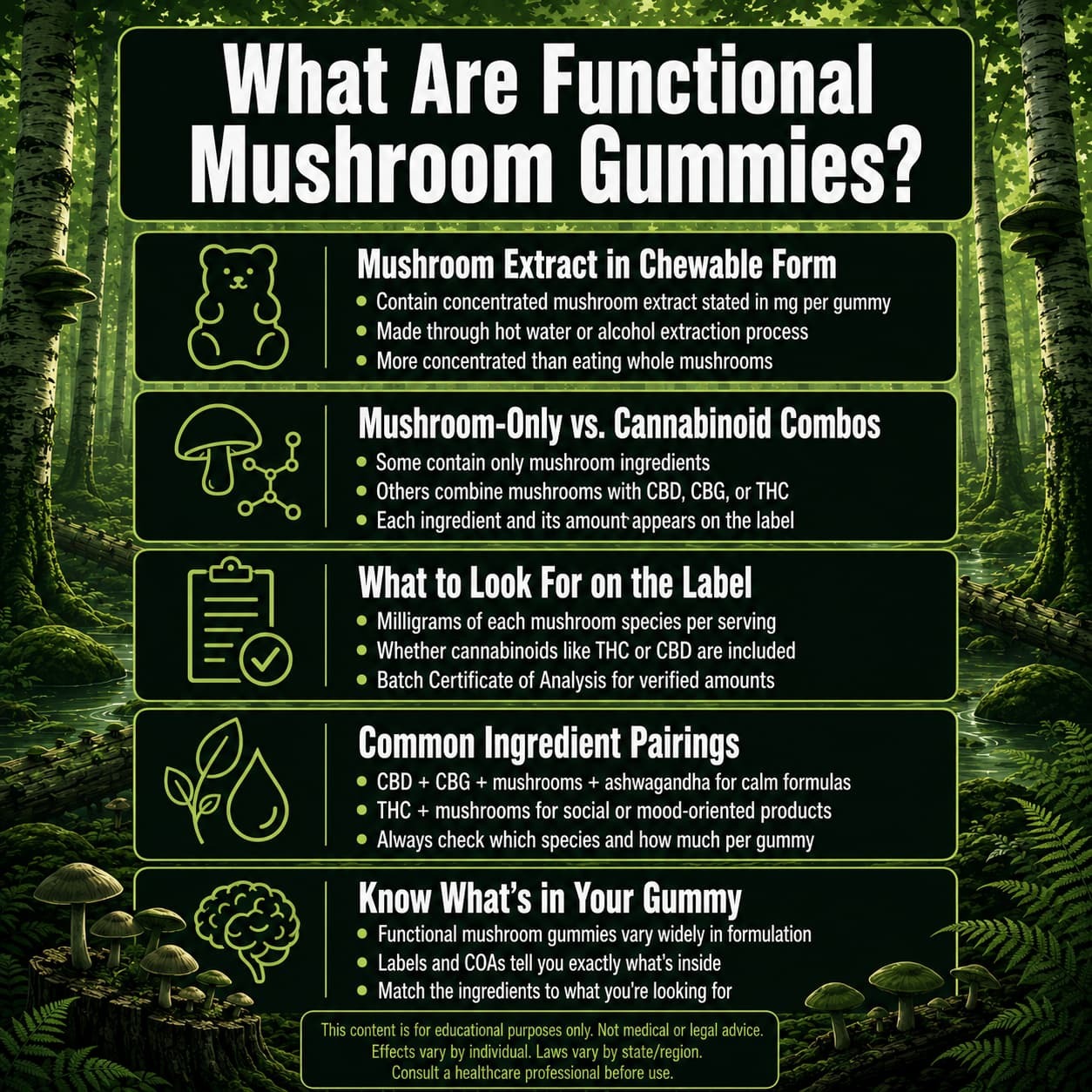 Functional mushroom gummies with CBD, CBG and delta-9 THC showing milligram content per gummy