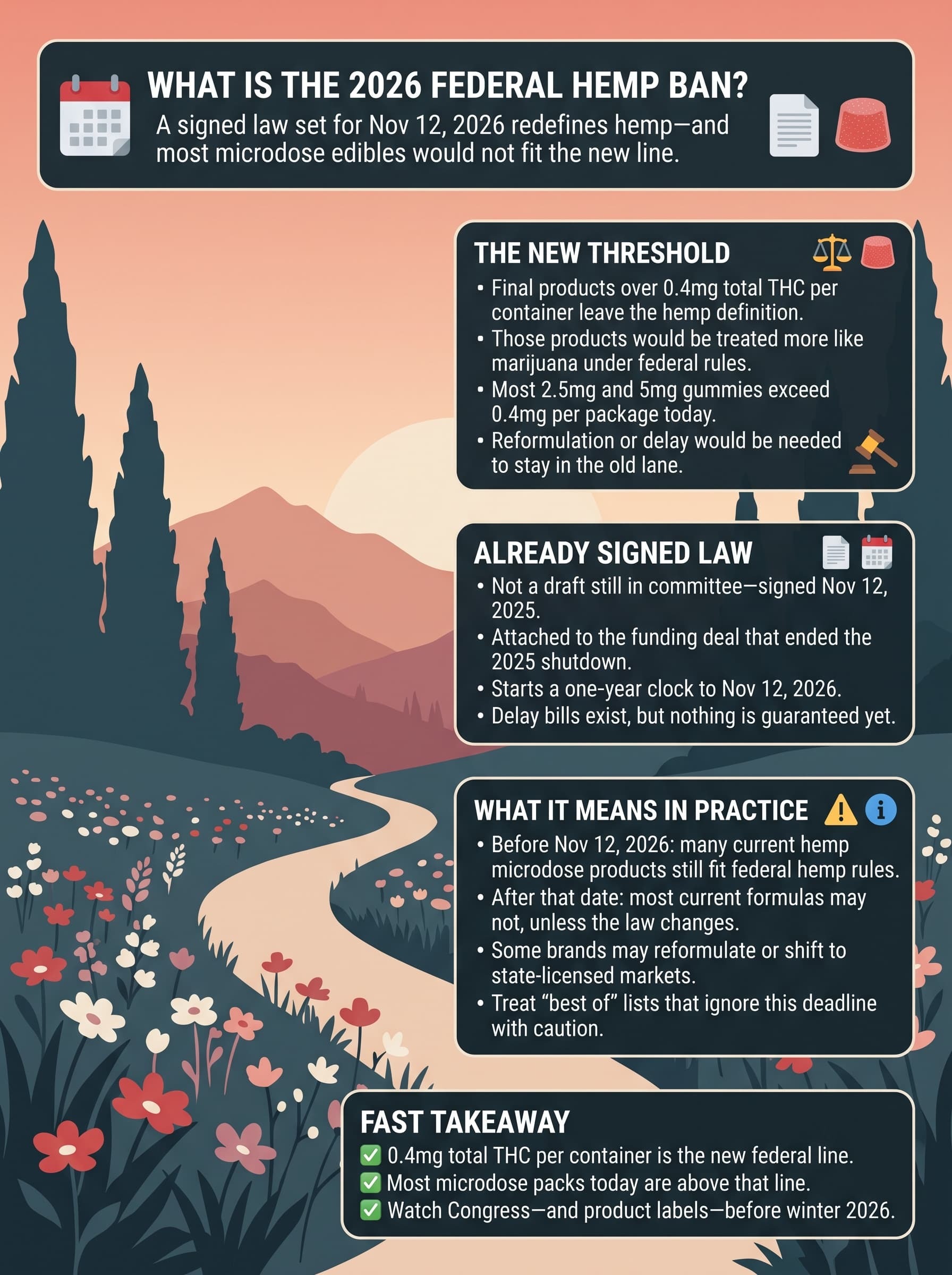 infographic for What Is the 2026 Federal Hemp Ban and How Does It Affect Microdose Edibles? infographic for What Is the 2026 Federal Hemp Ban and How Does It Affect Microdose Edibles?